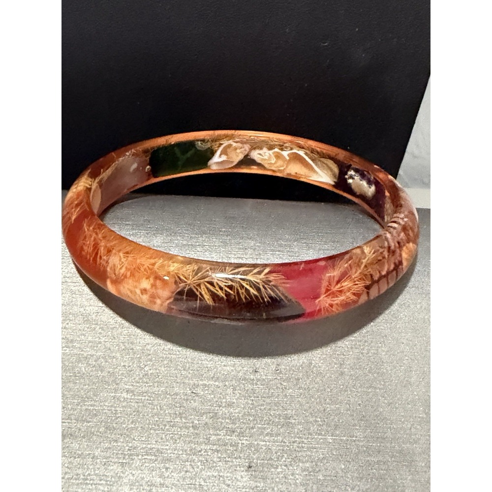 Vintage Clear Lucite Resin Bangle Bracelet Embedded Dried Flowers Boho 8.25"
